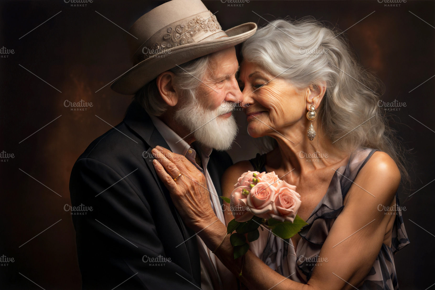 Elderly couple in a tender embrace, holding roses against a dark background., a Person Photo by ImageMir