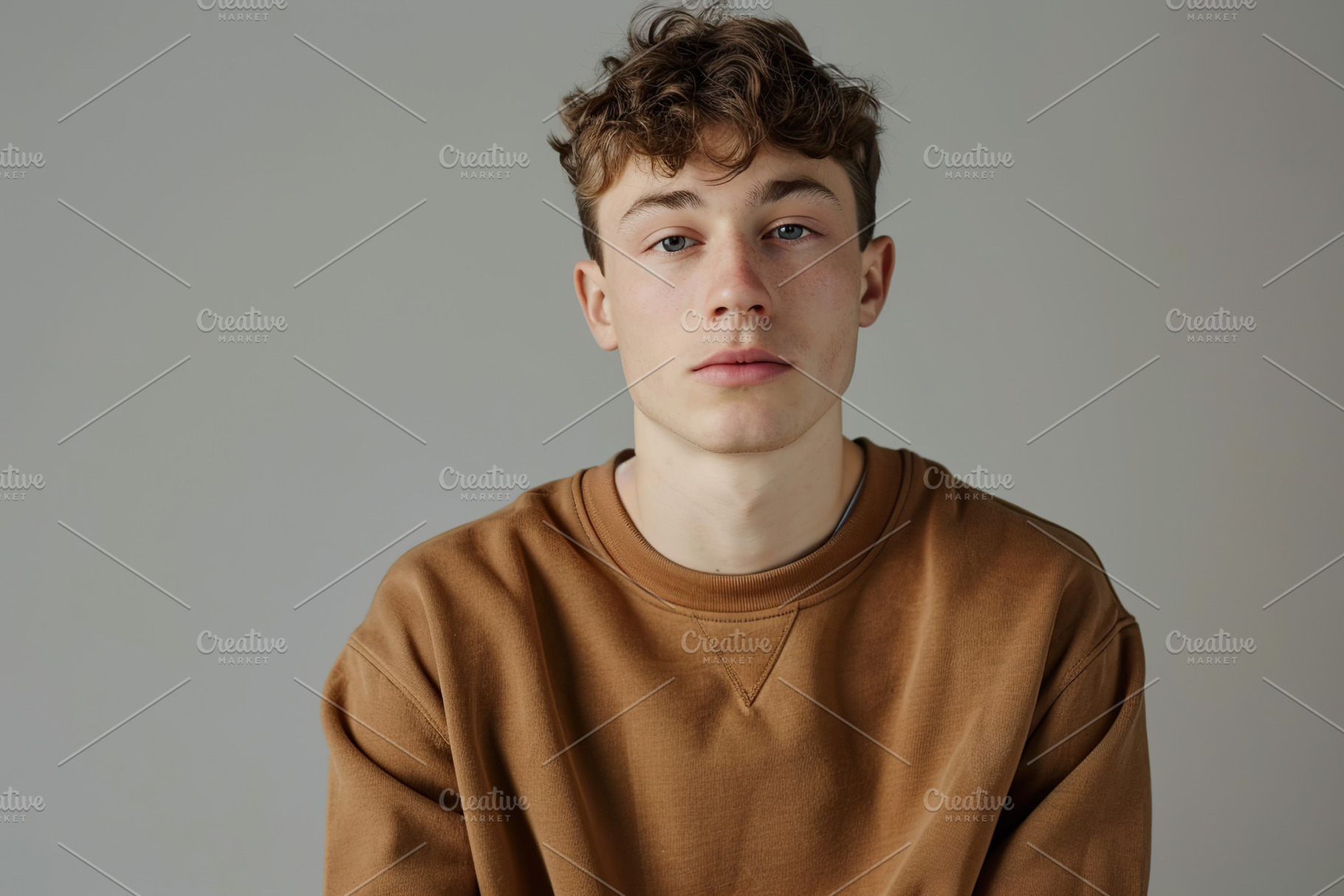 Young attractive man in sweatshirt on grey background, a Person Photo by AlyaAnd