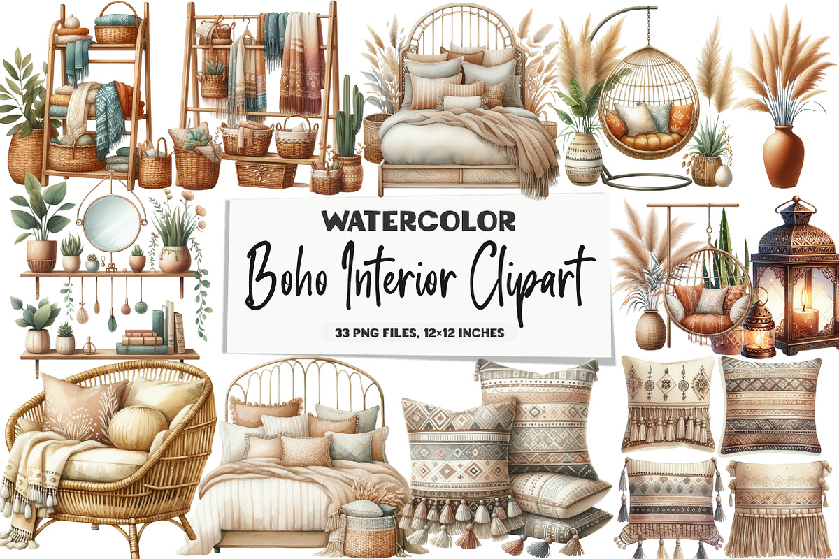 Watercolor Boho Interior Clipart, an Illustration by DreamArtGraphic (Photo 1 of 5)