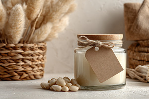 Scented candle in glass jar with woo, a Photo by Pixeness Studio