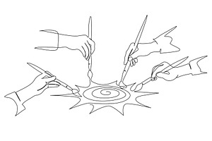Four hands of people painting sun, a Decorative Illustration by Valenty