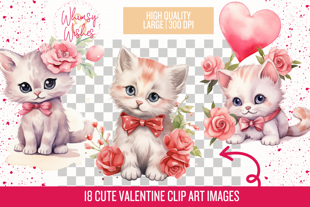 Valentine Kittens Watercolor Clipart, an Illustration by Whimsy & Wishes (Photo 2 of 3)