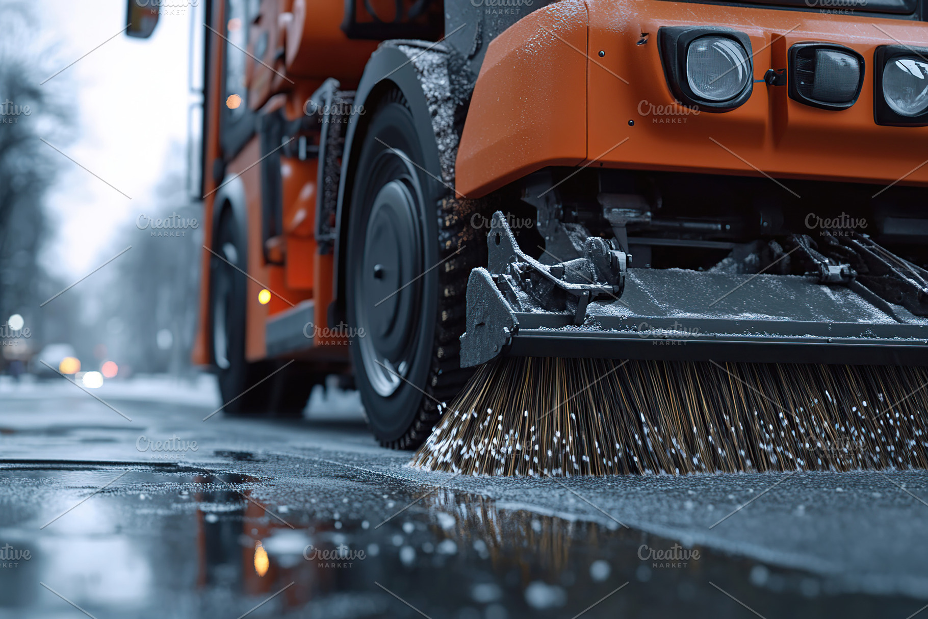 Street sweeper machine cleans wet road in urban area during earl, a Transportation Photo by AlyaAnd