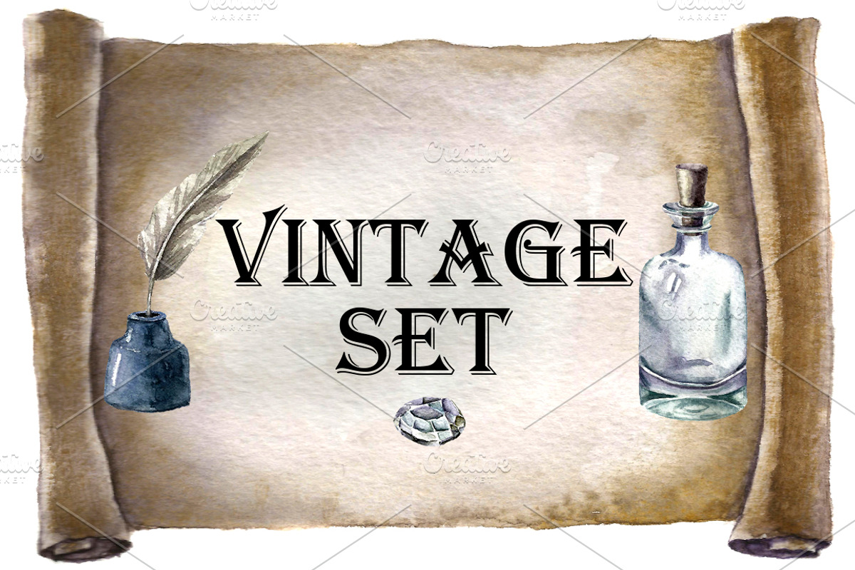 Watercolor vintage clip art., a Decorative Illustration by Vikeriya (Photo 1 of 3)