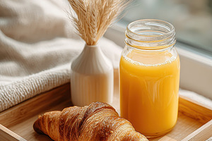 Delicious breakfast croissant orange, a Photo by Pixeness Studio