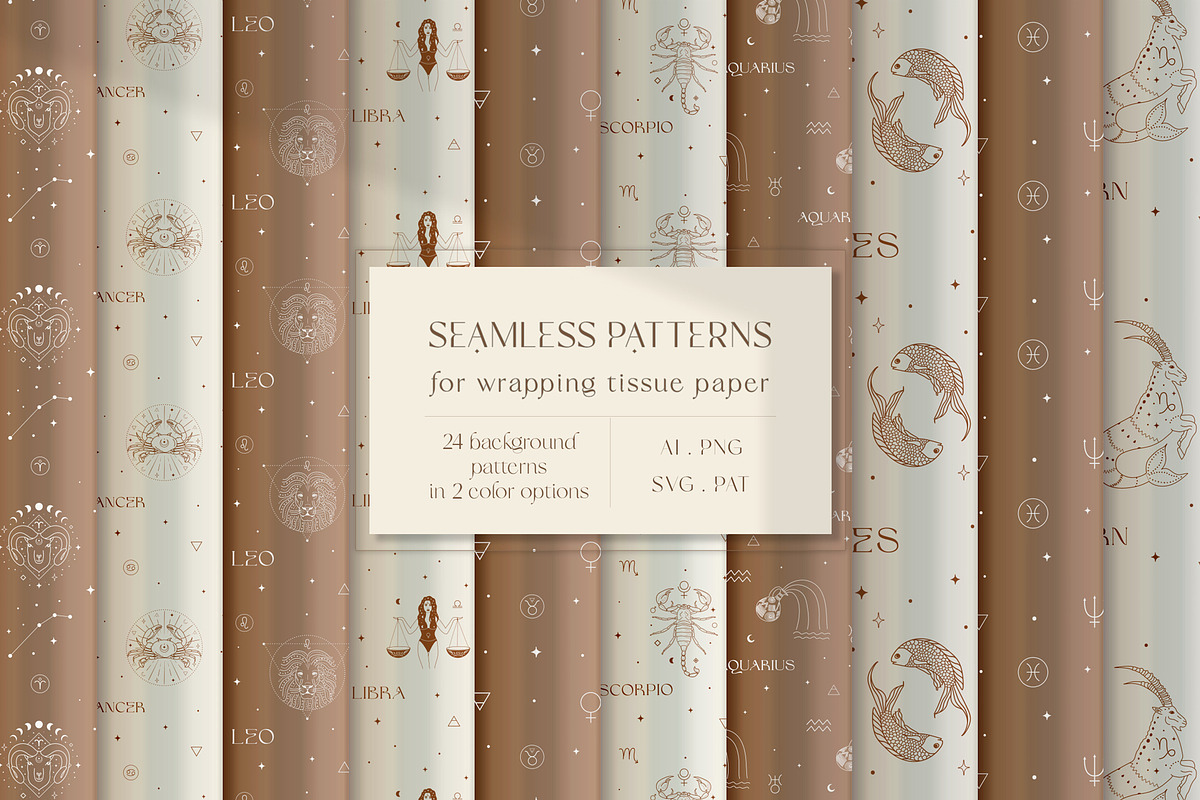 Zodiac Horoscope Seamless Patterns, a Pattern Graphic by Olya Creative (Photo 1 of 13)