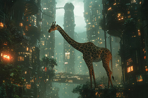 Giraffe in Futuristic Cityscape Jung, an Animal Photo by Pixeness Studio
