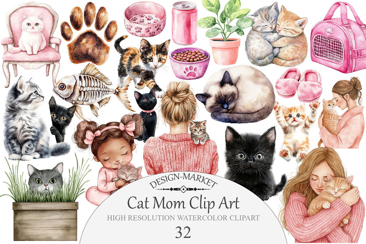 Watercolor Cat Mom Clip Art, an Illustration by Design Market (Photo 1 of 4)