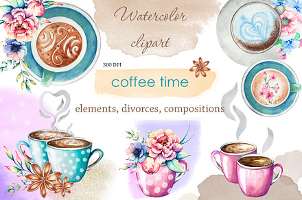 Watercolor flower and coffee clipart