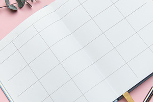 Open notebook showing blank pages with pen and eucalyptus leaves, a Business Photo by Olena Rudo