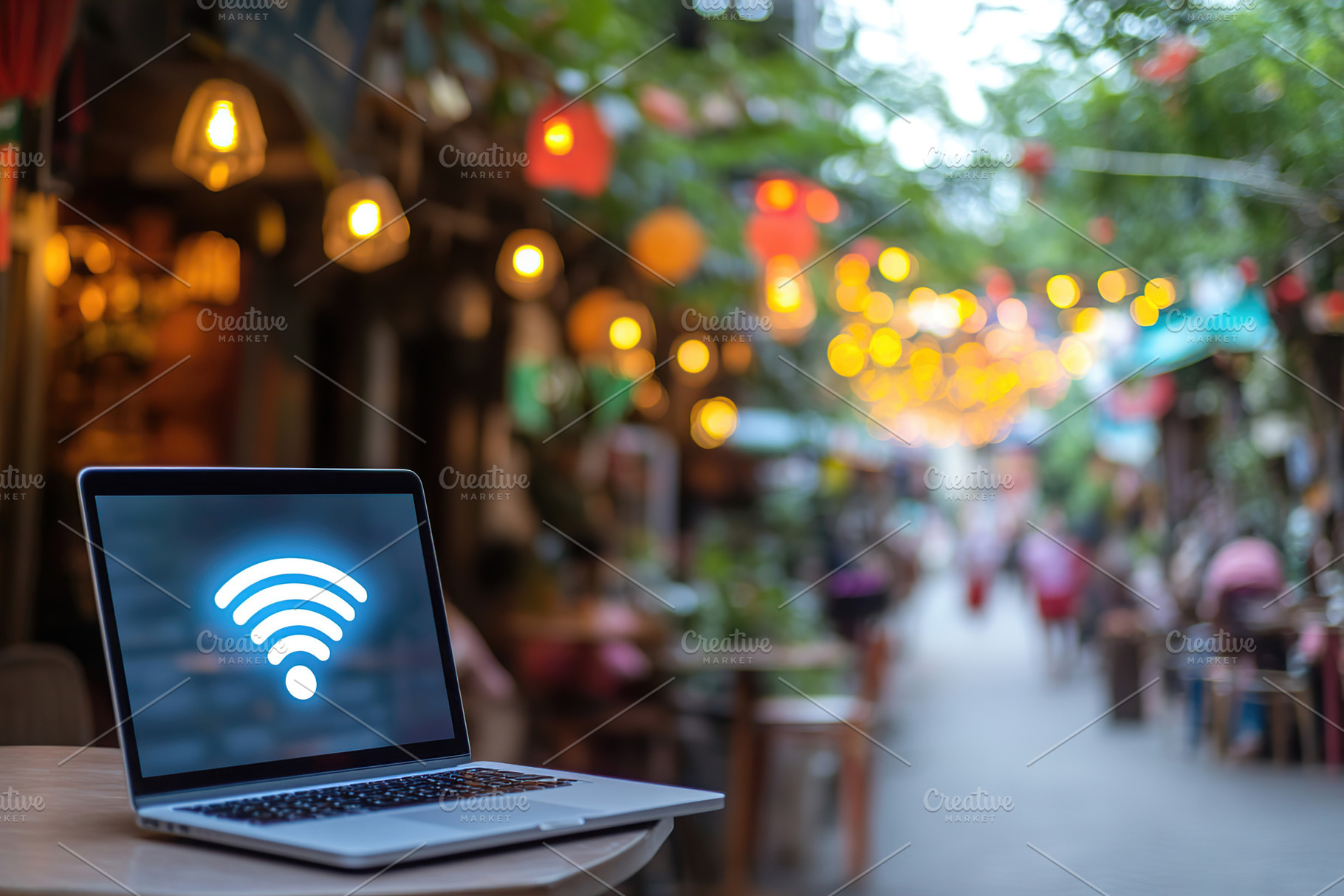 Laptop displaying wifi sign in a bustling outdoor cafe with festive lights, a Business Photo by AlyaAnd