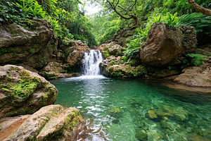 Beautiful waterfall cascades into a serene pool surrounded by lush greenery in, a Photo by AlyaAnd