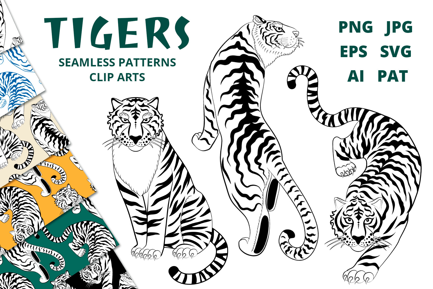 Tigers Line Art (patterns, cliparts), a Pattern Graphic by Sveta Aho