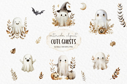 Cute ghost watercolor clipart PNG, a Seasonal Illustration by MyLittleMeow