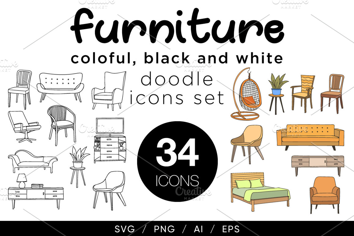 Furniture doodle illustrations set, an Outline Icon by Gulnarart (Photo 1 of 8)