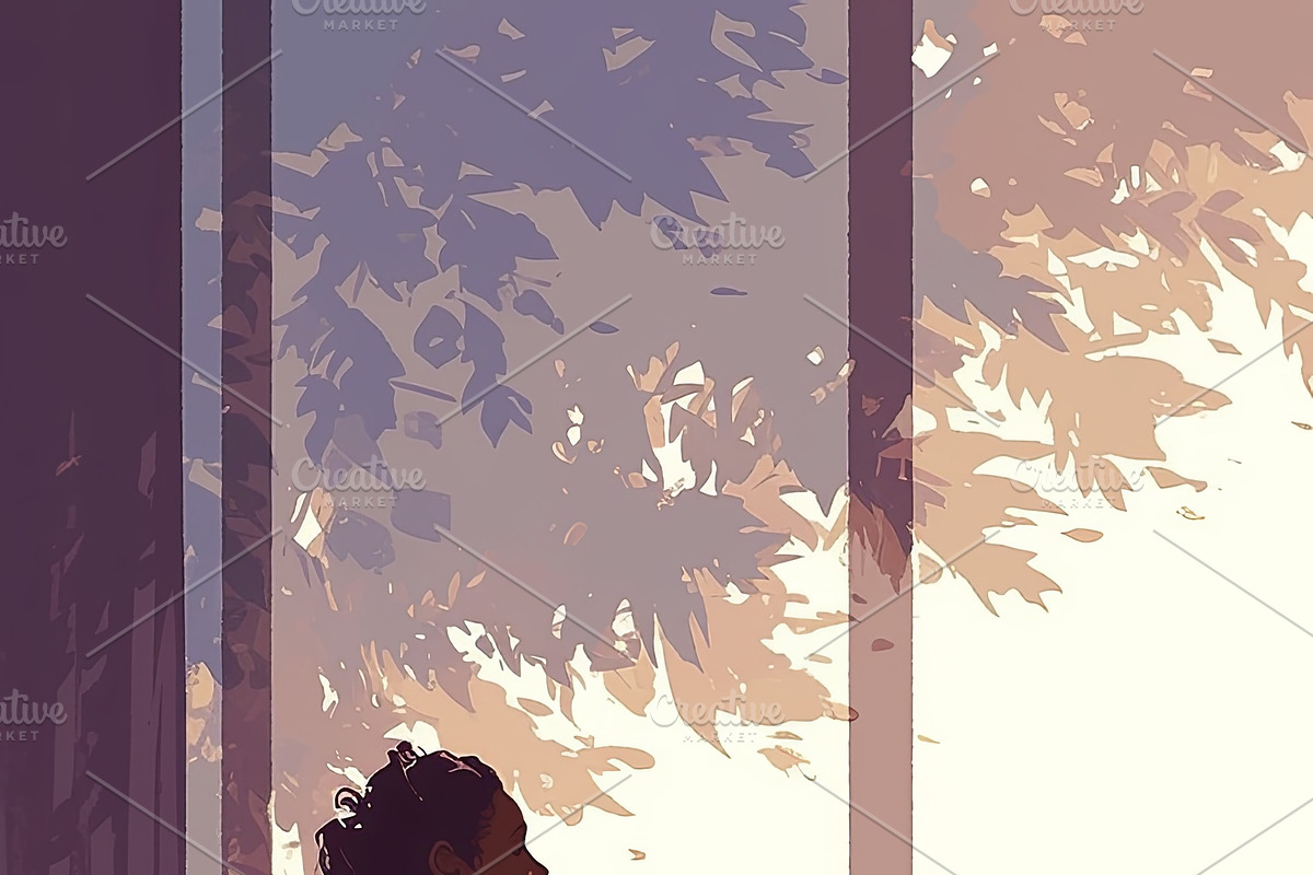 Young woman in wheelchair enjoying sunlight through a window with plants nearby, an Illustration by AS photostudio