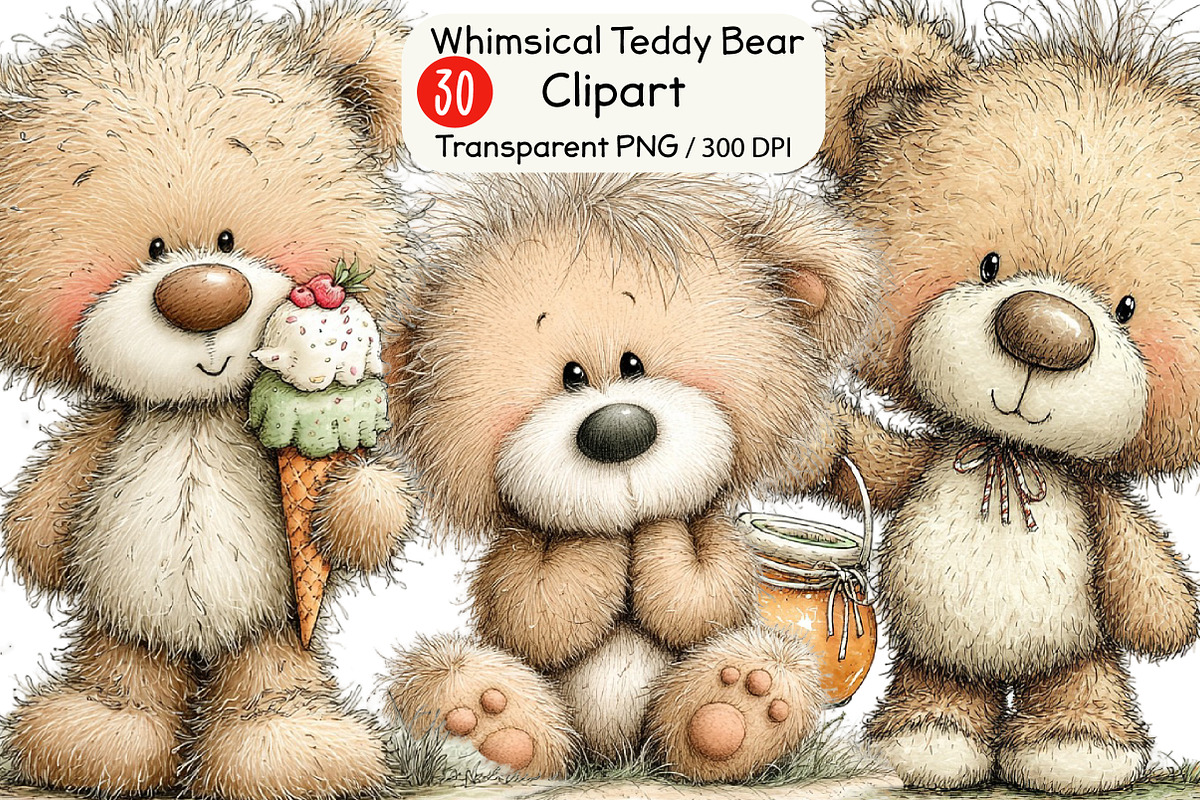 Whimsical Teddy Bear Clipart, an Animal Illustration by Black Bird Studio (Photo 1 of 6)