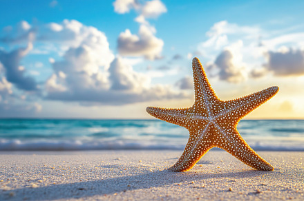 Starfish on white sandy beach with blue ocean and clouds at sunset, an Animal Photo by AlyaAnd