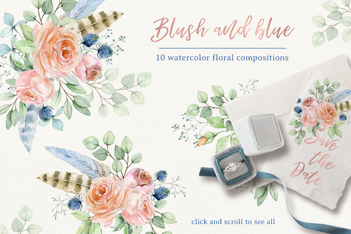 Blush and blue - watercolor clipart, a Decorative Illustration by long summer (Photo 2 of 8)