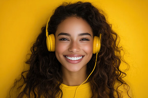 Joyful woman listening to music, a Photo by Pavel_design
