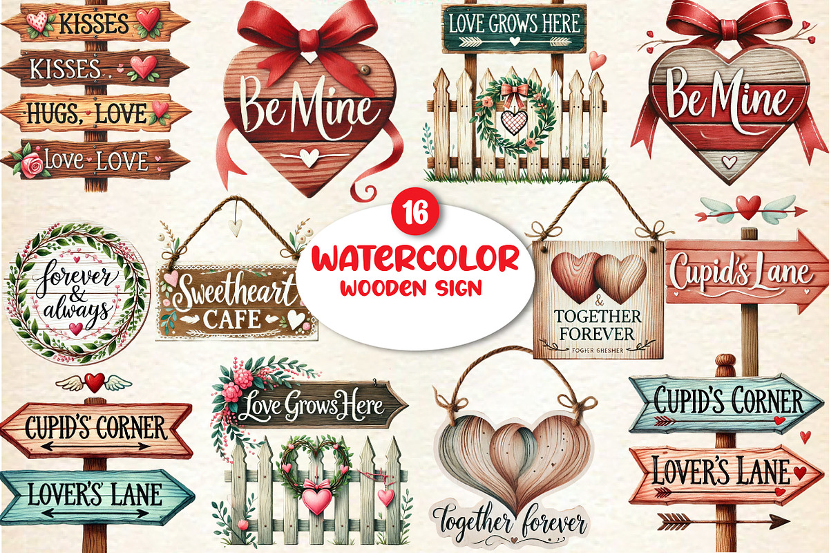 Valentines Day Wooden Sign Clipart, a Seasonal Illustration by DreamArtGraphic (Photo 1 of 5)