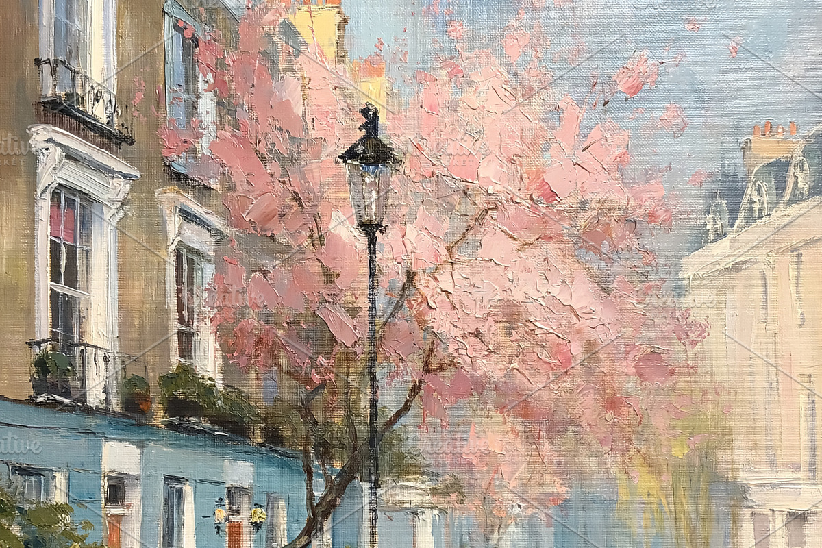London street painting capturing springtime charm with blooming, an Illustration by Studio ANNA (Photo 1 of 2)