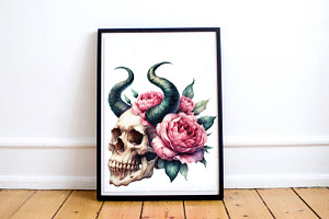 Floral Skull With Horns PNG Clipart