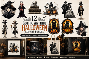 Gothic Antique Halloween Clipart, a Seasonal Illustration by S Graphic Studio