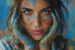 A young woman with colorful paint on her face and hands, showcasing creativity, a Person Photo by ImageMir