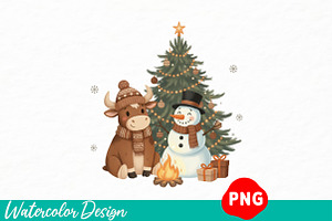 Christmas Cute Snowman Highland Cow, an Illustration by Watercolor design
