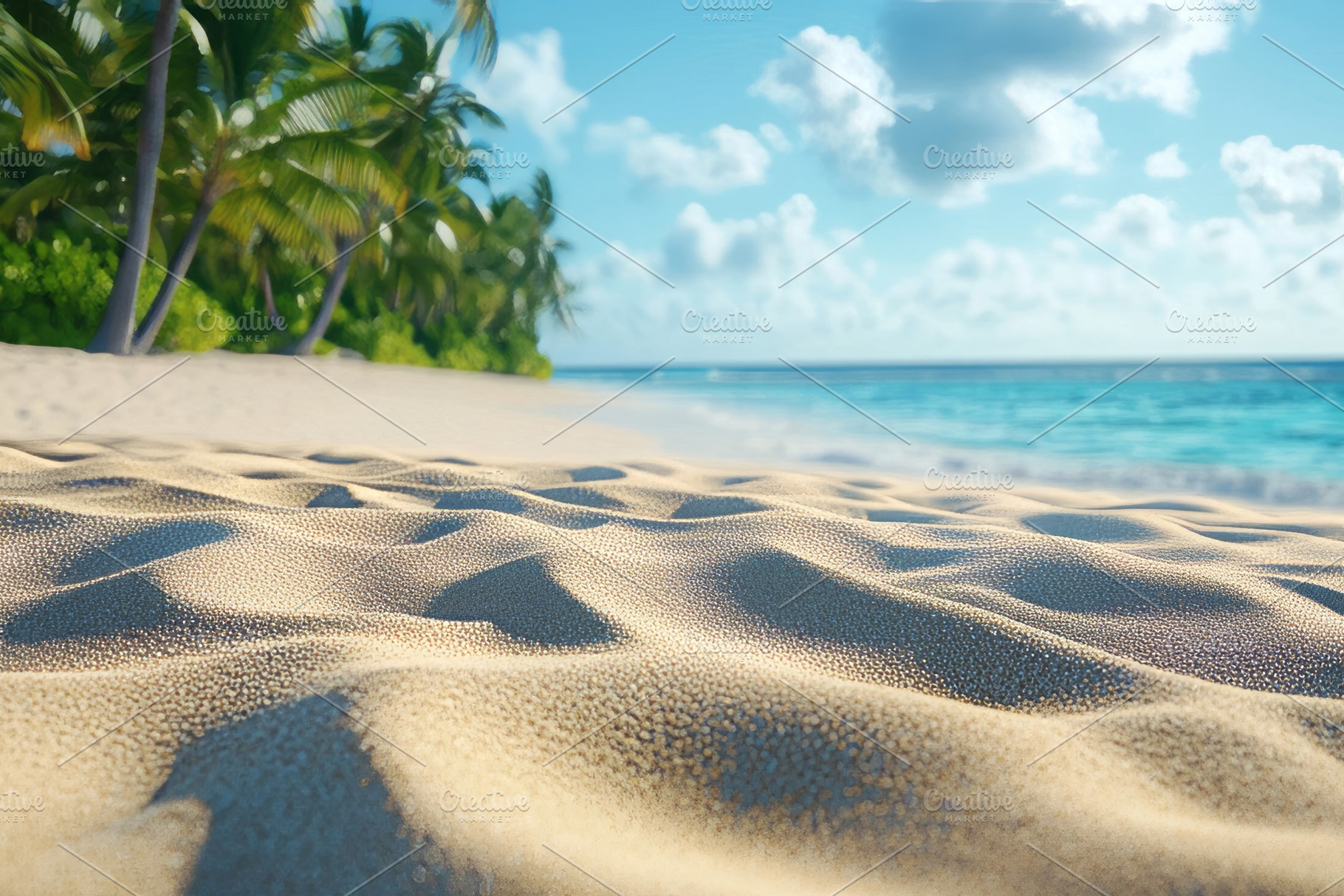 A serene beach scene featuring soft golden sand and lush green palm trees under, a Background Photo by ImageMir
