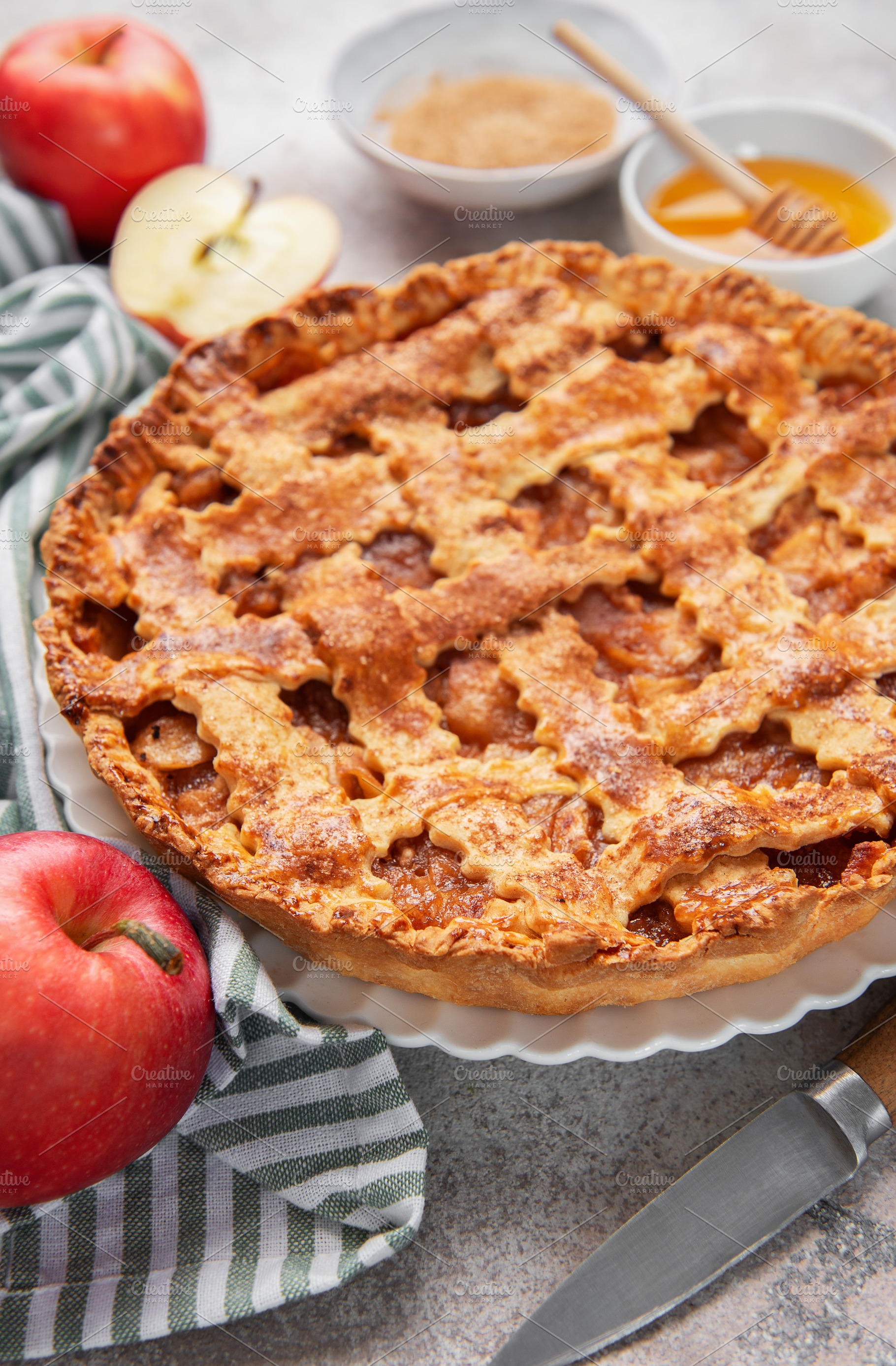 Freshly baked apple pie with honey and brown sugar, a Food & Drink Photo by Olena Rudo