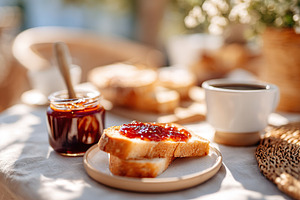 Delicious breakfast with jam topped toast and coffee in a cozy setting, a Food & Drink Photo by AlyaAnd