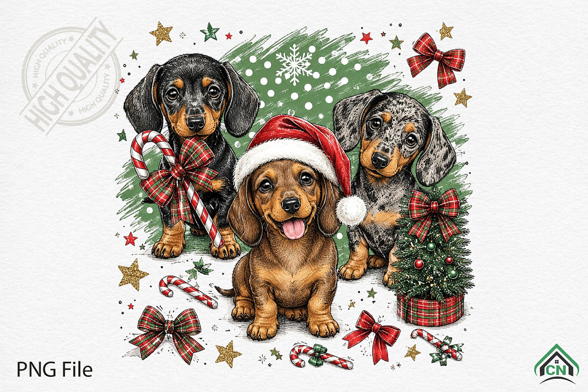 Festive Dachshunds Christmas PNG, a Seasonal Illustration by Craft Nest (Photo 1 of 6)