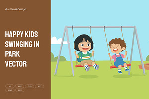 Happy Kids Swinging in Park Vector, a Person Illustration by Partikusi Design