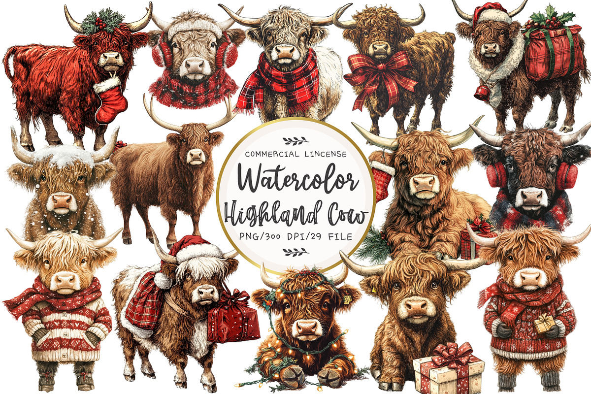 Christmas Highland Cow Clipart, an Illustration by OK Design (Photo 1 of 5)