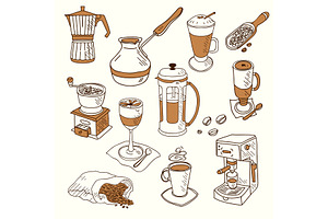 Hand Drawn Sketch Doodle Vintage Simple Coffee Theme Devices Coffeemaking Menu Design For Cafe And Restaurant Vector Illustration