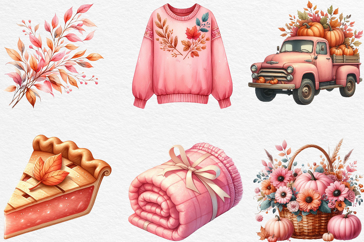 Watercolor Pink Autumn Fall Clipart, an Illustration by Black Bird Studio (Photo 3 of 4)
