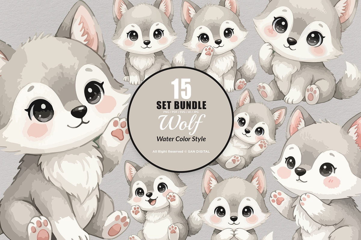 15 Bundle Watercolor Wolf Grey Nigh, an Animal Illustration by Morspective (Photo 1 of 8)