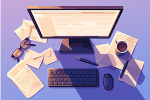Cartoon computer desk littered with, a Technology Illustration by LadadikArt
