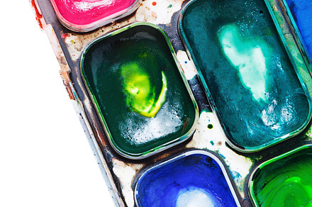 Watercolor paints in a box featuring watercolor, green, and yellow, an Arts & Entertainment Photo by Elena Vagengeim
