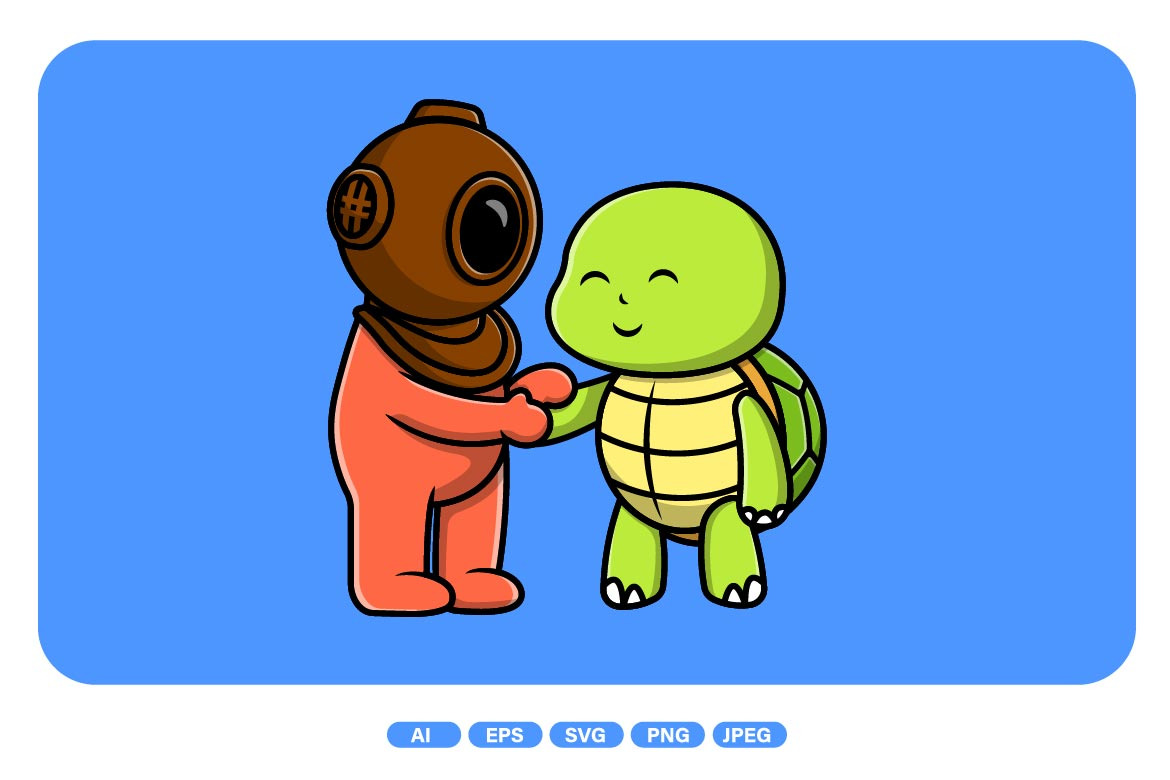 Cute Diver Hand Shake With Turtle, an Animal Illustration by Artstorystudio