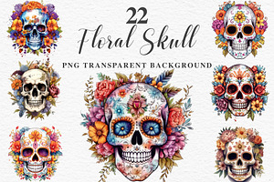 Floral Skeleton Skull Halloween PNG