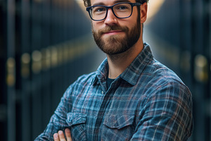 A confident Data Engineer young man with a beard and glasses stands with arms c, a Person Photo by Textures & Backgrounds