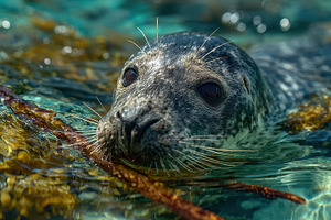 Seal pup swimming in teal water kelp, a Photo by Pixeness Studio