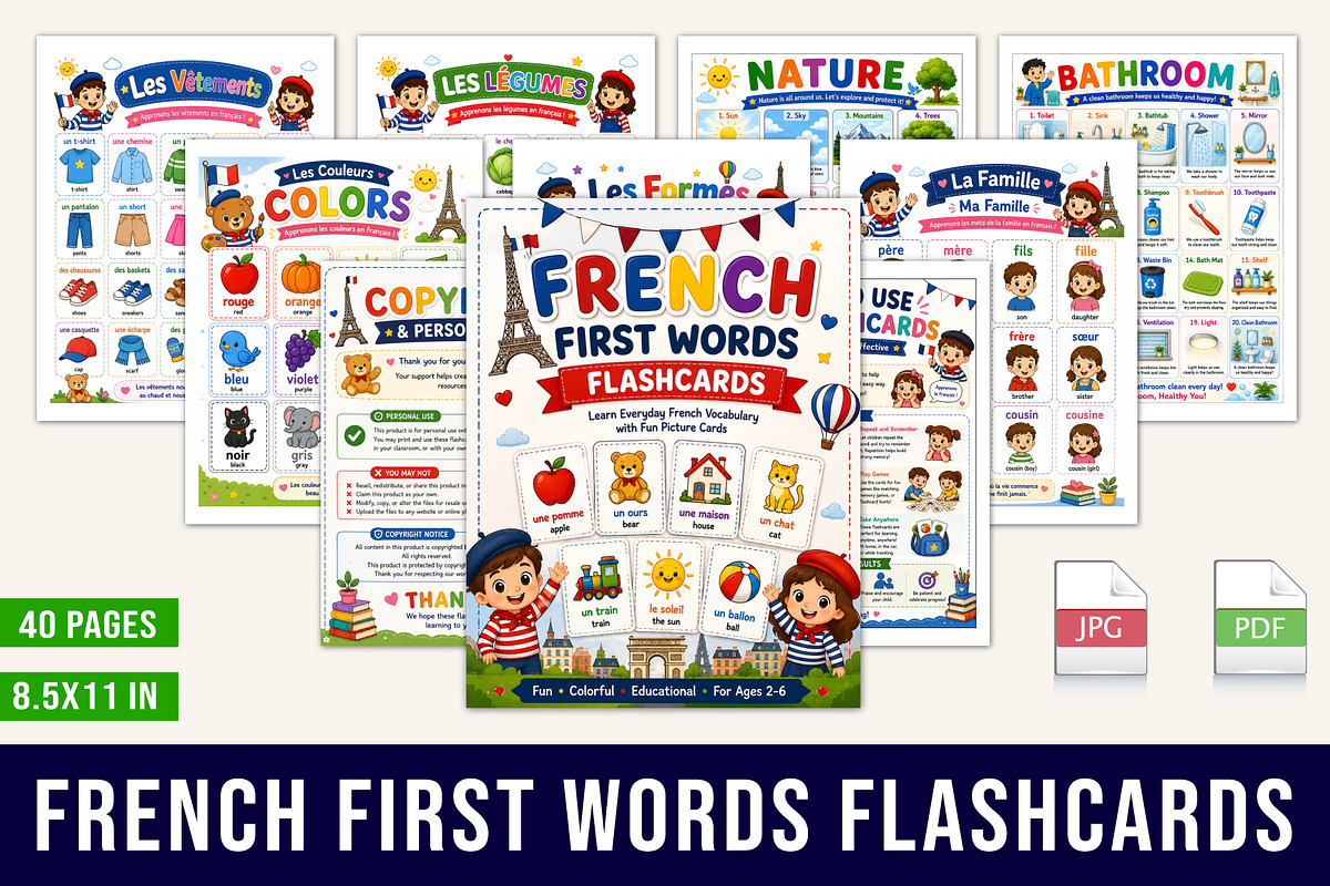 French First Words Flashcards, a Stationery Template by Designmela01 (Photo 1 of 5)