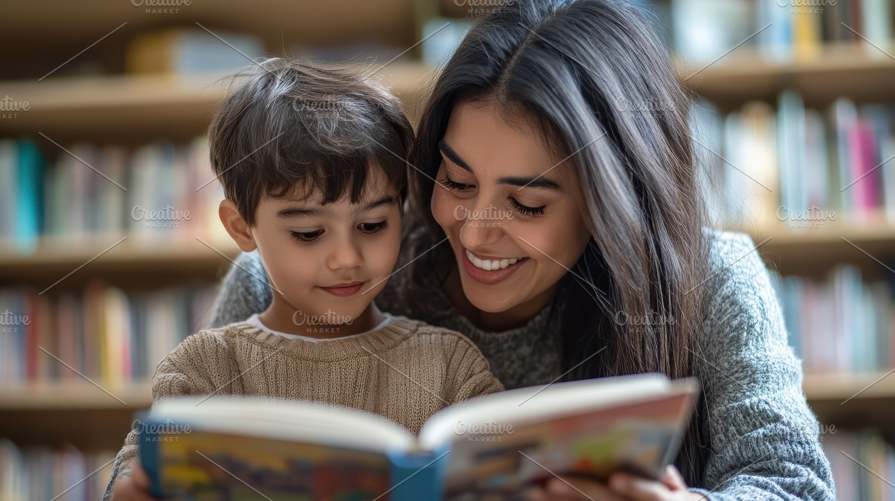 Mother and son share a book in the l, a Background Photo by Pixeness Studio