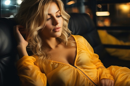 Beautiful young woman in a yellow dress sits on a black leather, a Beauty & Fashion Photo by AS photostudio