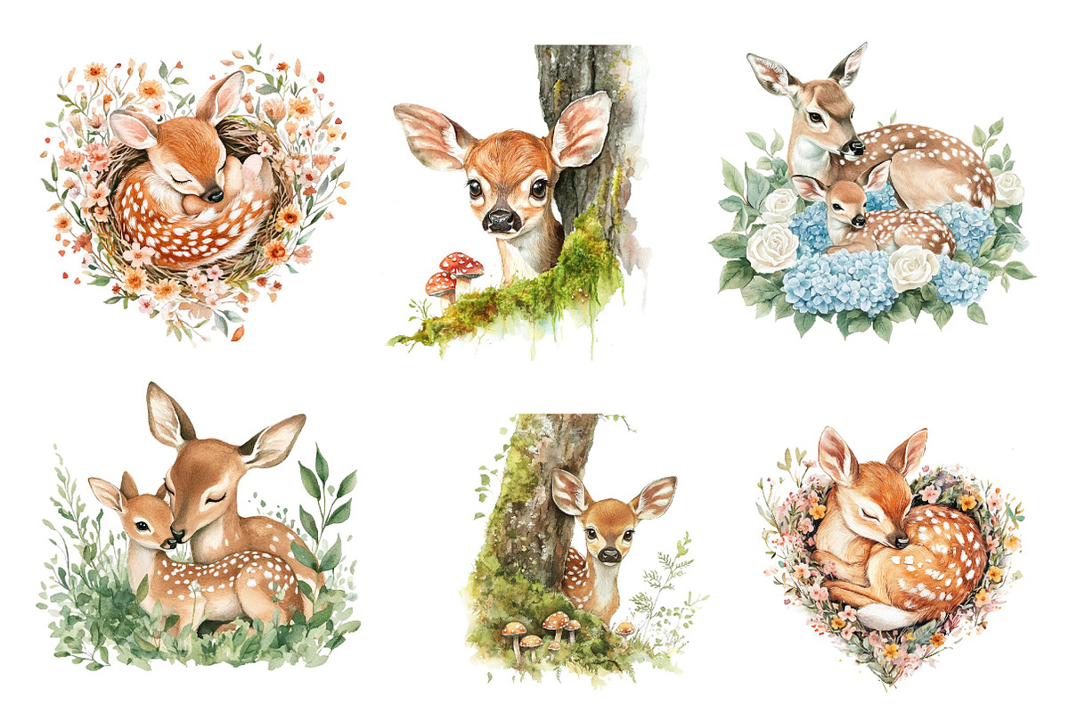 Watercolor Fawn & Doe Clipart, an Illustration by CreationArt (Photo 3 of 5)