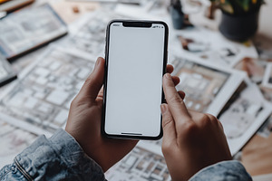 A person holding a smartphone iPhone mockup with a blank screen, surrounded by, an iPhone Mockup by Textures & Backgrounds
